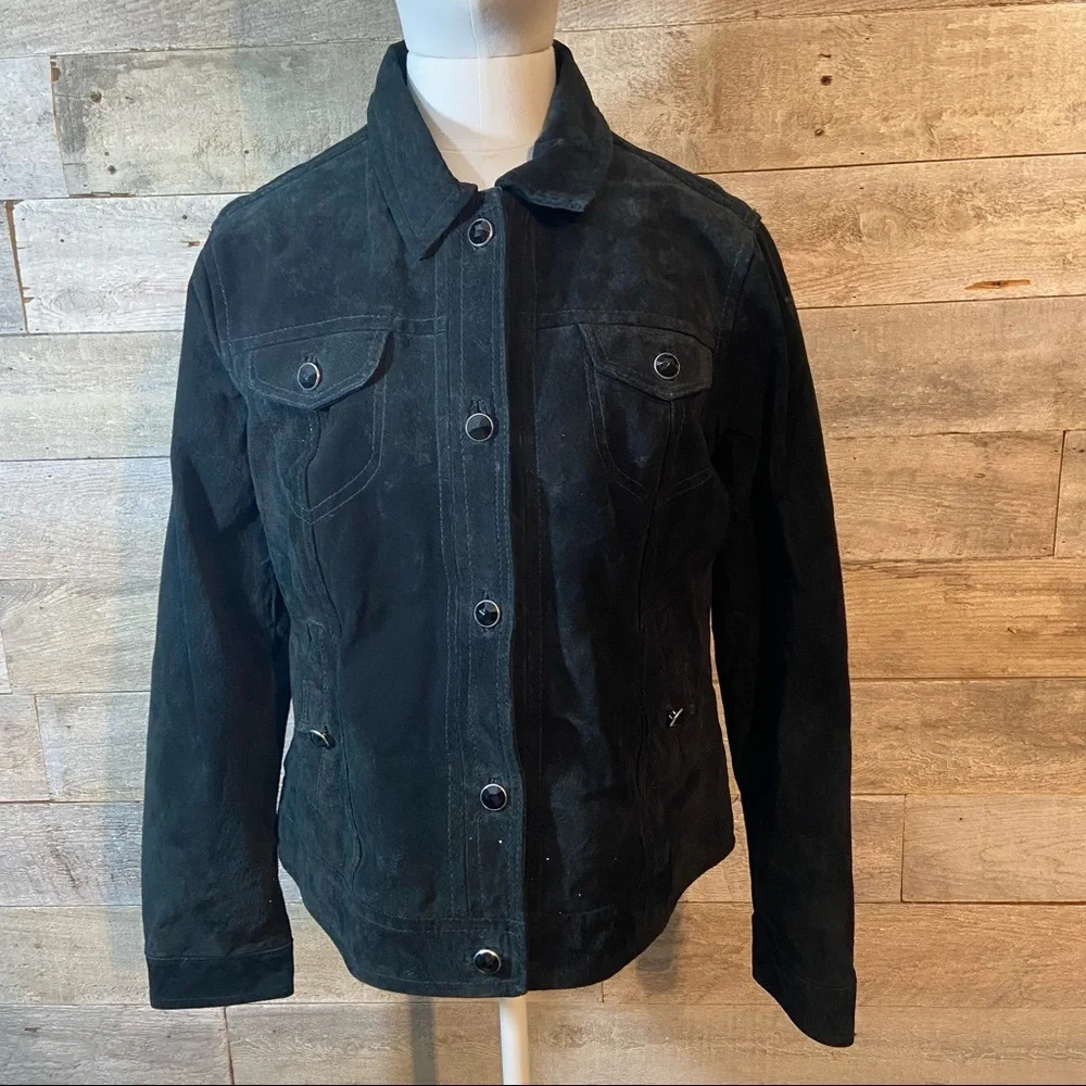 Christopher & Banks black suede collared button up jacket in size medium